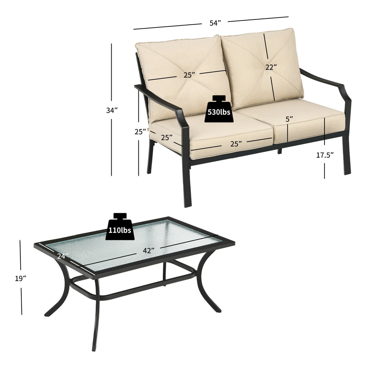 2 Pieces Patio Outdoor Cushioned Sofa Bench with Coffee Table