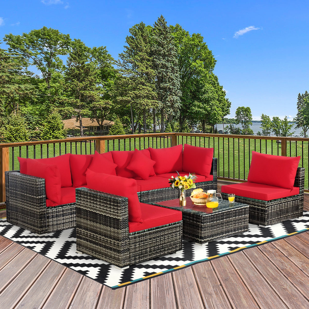 7-Piece Patio Rattan Sectional Sofa Set - Mix Gray & Red