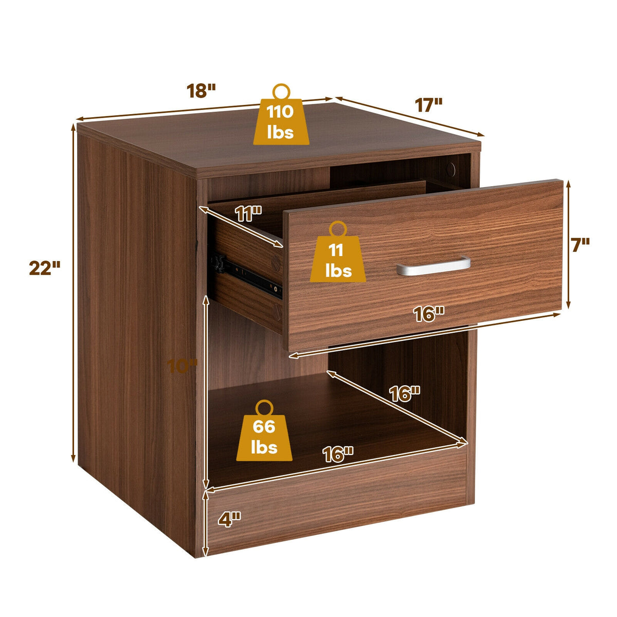 Modern Wooden Nightstand with Drawer - Brown