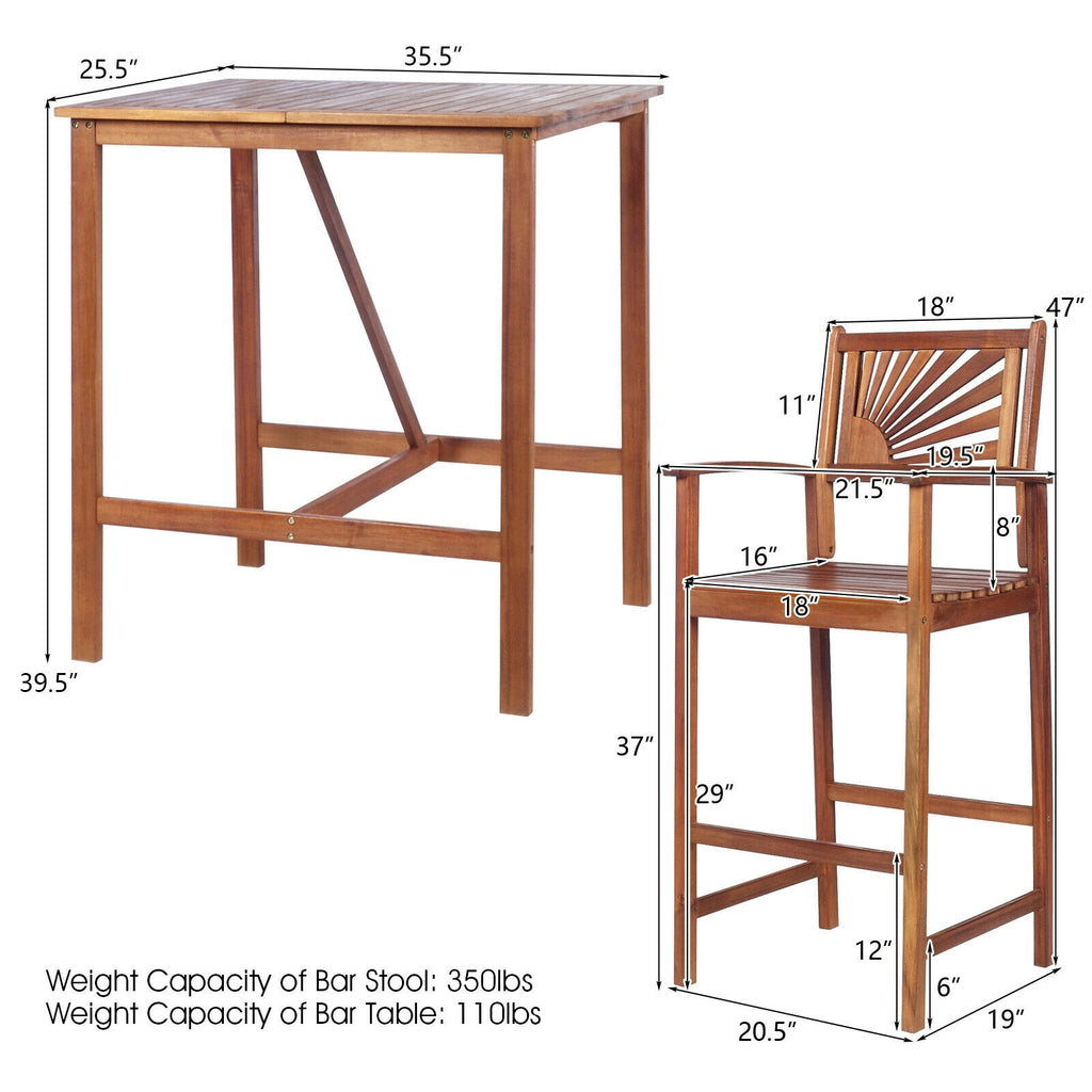3 Piece Acacia Wood Patio Bar Set - Sunflower Backrest