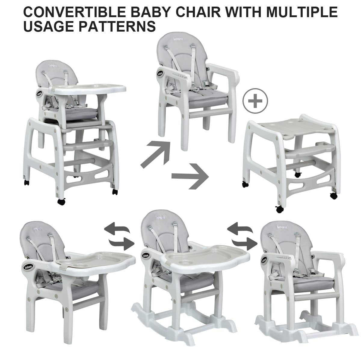 Gray 3-in-1 Baby High Chair with Lockable Wheels, Adjustable Tray & Safety Restraint