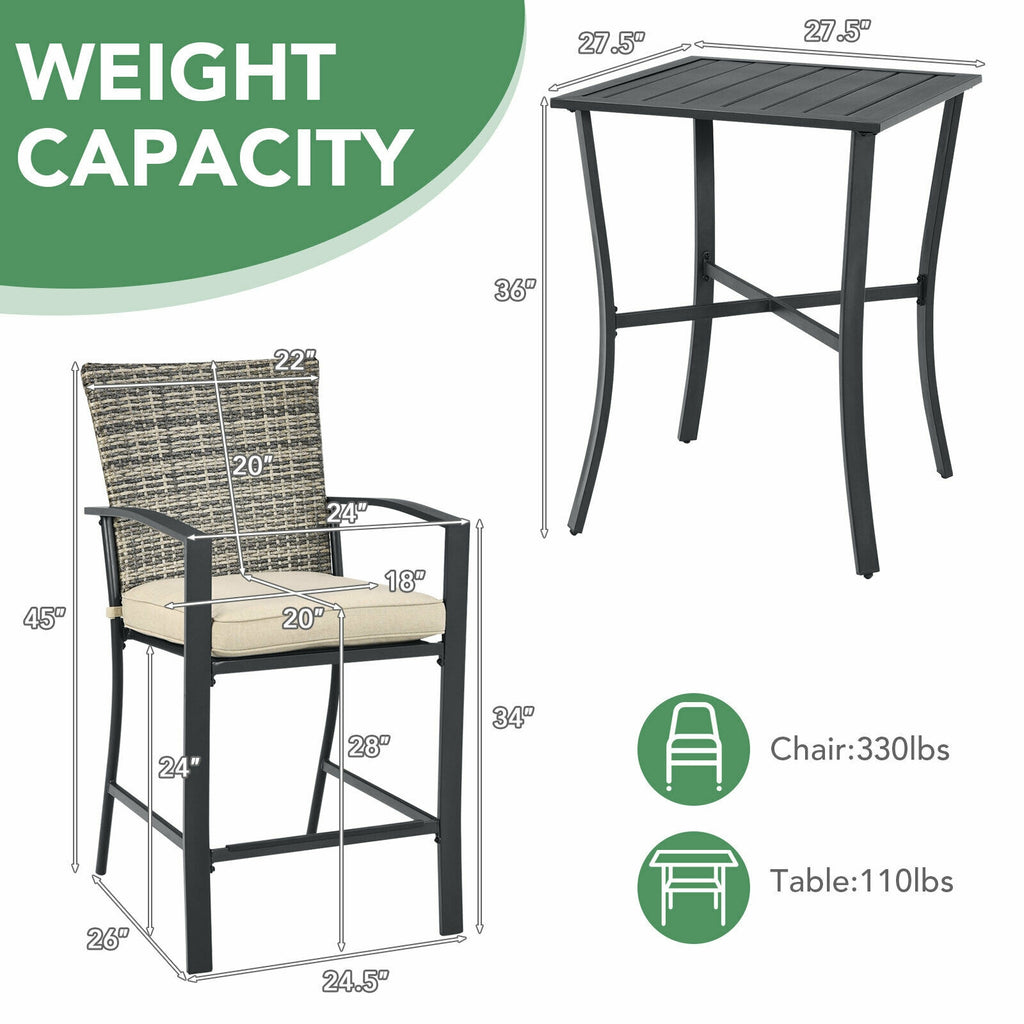 3 Pieces Rattan Bar Furniture Set with Slat Table and 2 Cushioned