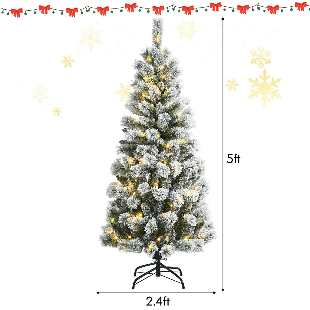 5/6/7.5/8 Feet Pre-lit Snow Flocked Christmas Tree with 9 Lighting Modes - Foldable & Sturdy Stand