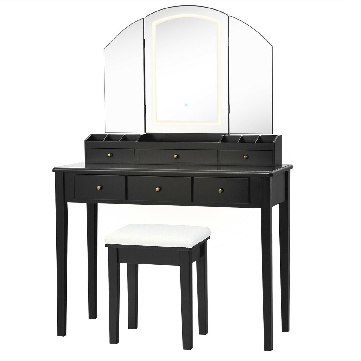 Vanity Table with Lighted Tri-Fold Mirror and Stool - Black