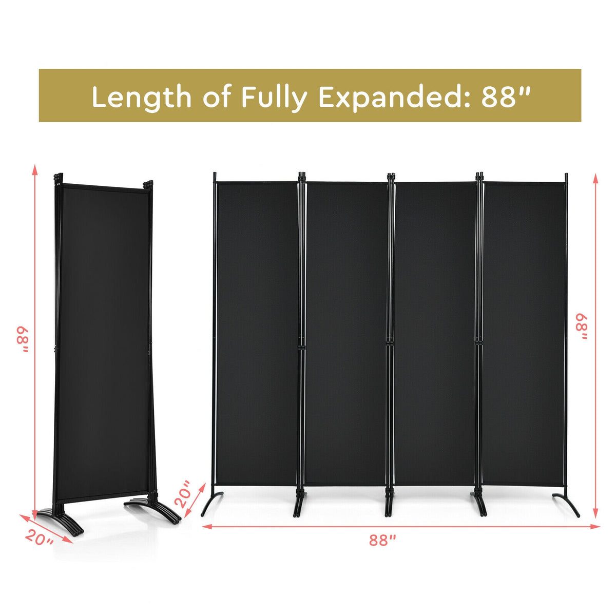 5.6 Feet 4 Panel Room Divider with Steel Frame - Black Variation