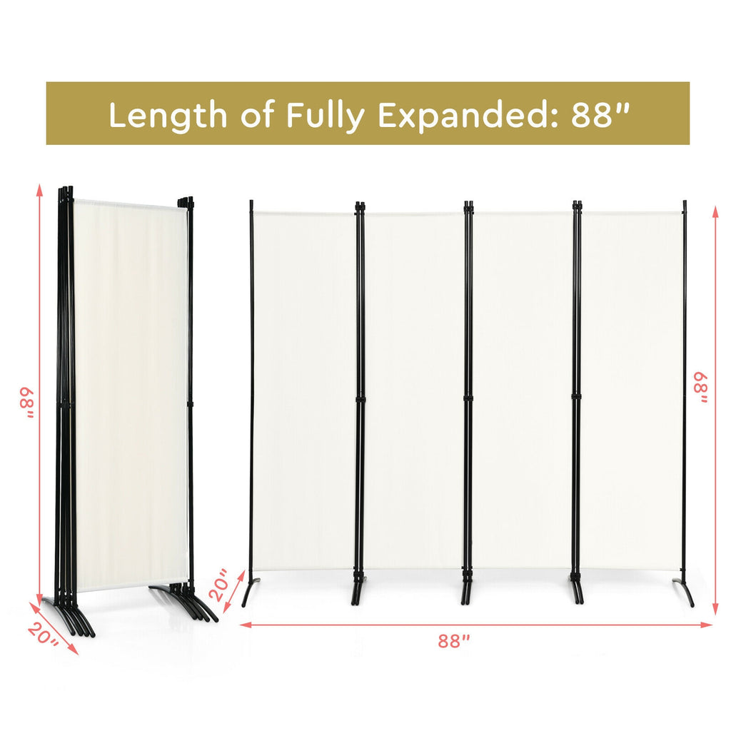 4-Panel Room Divider with Steel Frame - 5.6 Feet, White, Indoor & Outdoor Privacy Screen - Costway