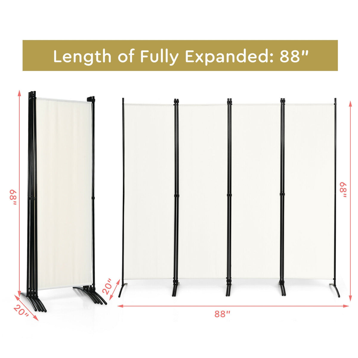 4-Panel Room Divider with Steel Frame - 5.6 Feet, White, Indoor & Outdoor Privacy Screen - Costway