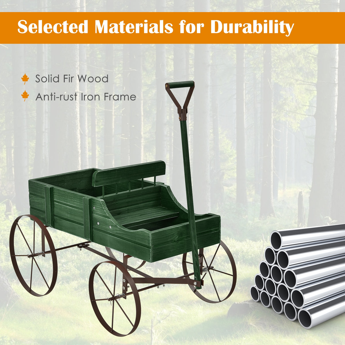 Wooden Garden Wagon Planter Bed with Metal Wheels - Green