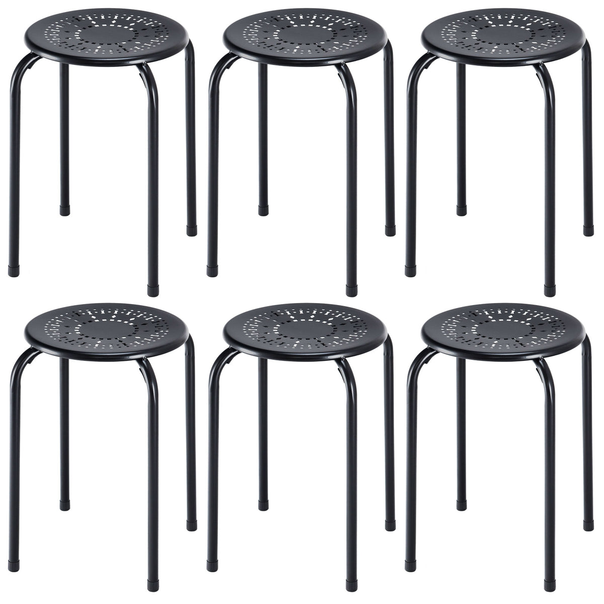 6-Pack Stackable Round Metal Stools with Daisy Design - Gray