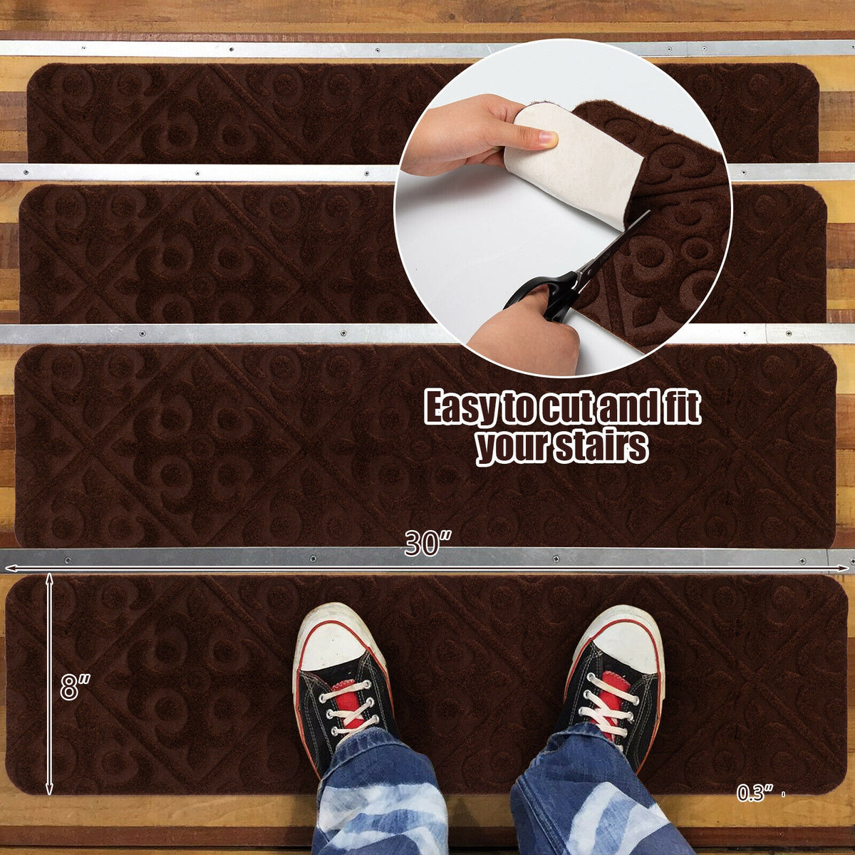 Brown Indoor Non-Slip Stair Carpet Mats - Protect & Reduce Noise, Reusable, Waterproof, 15 Pieces