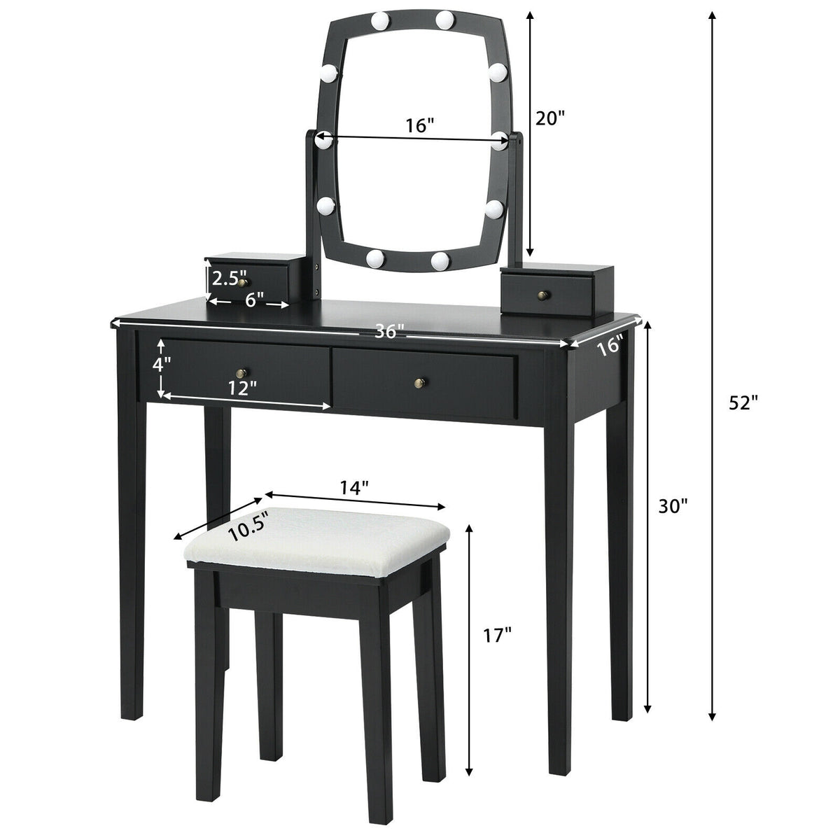 Vanity Table Set with Lighted Mirror, Black