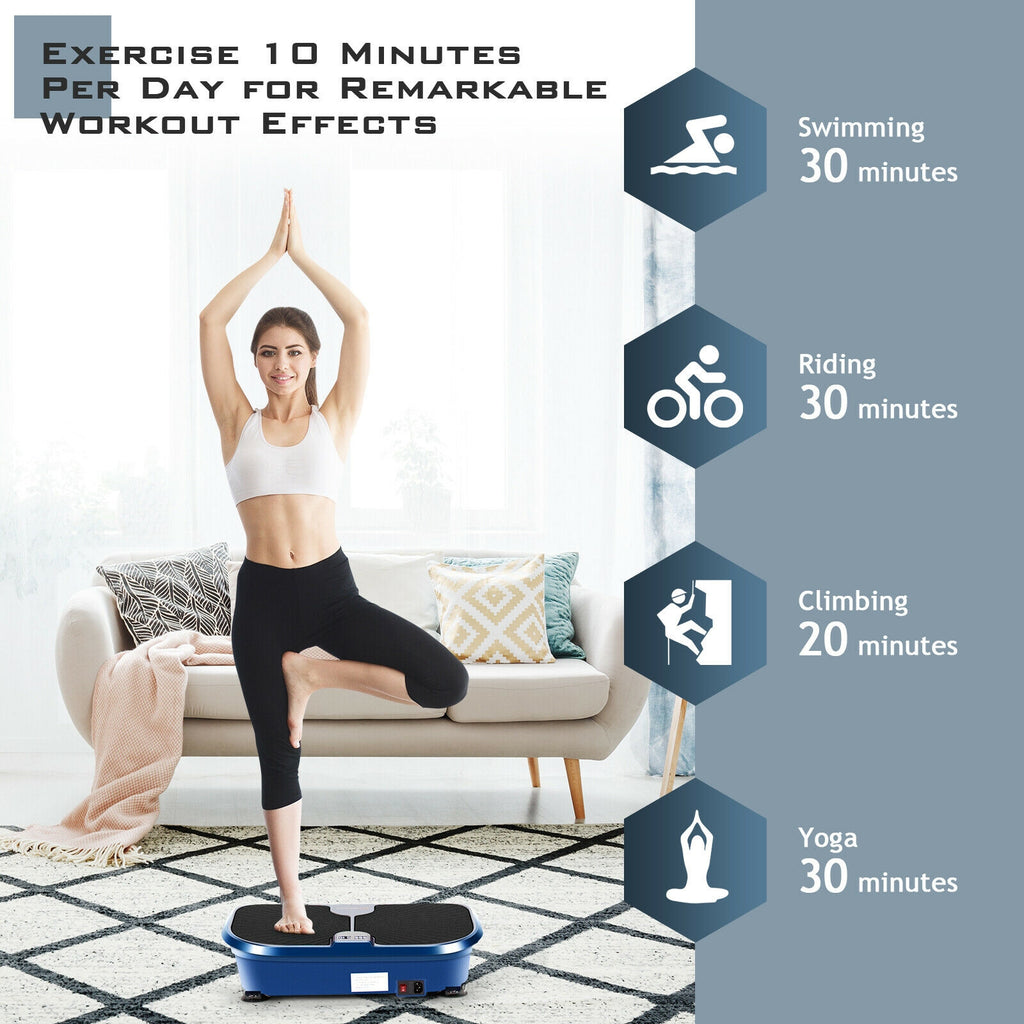 Mini Vibration Plate Exercise Machine with Remote & Loop Bands - 9 Presets, Blue, Compact Fitness Equipment