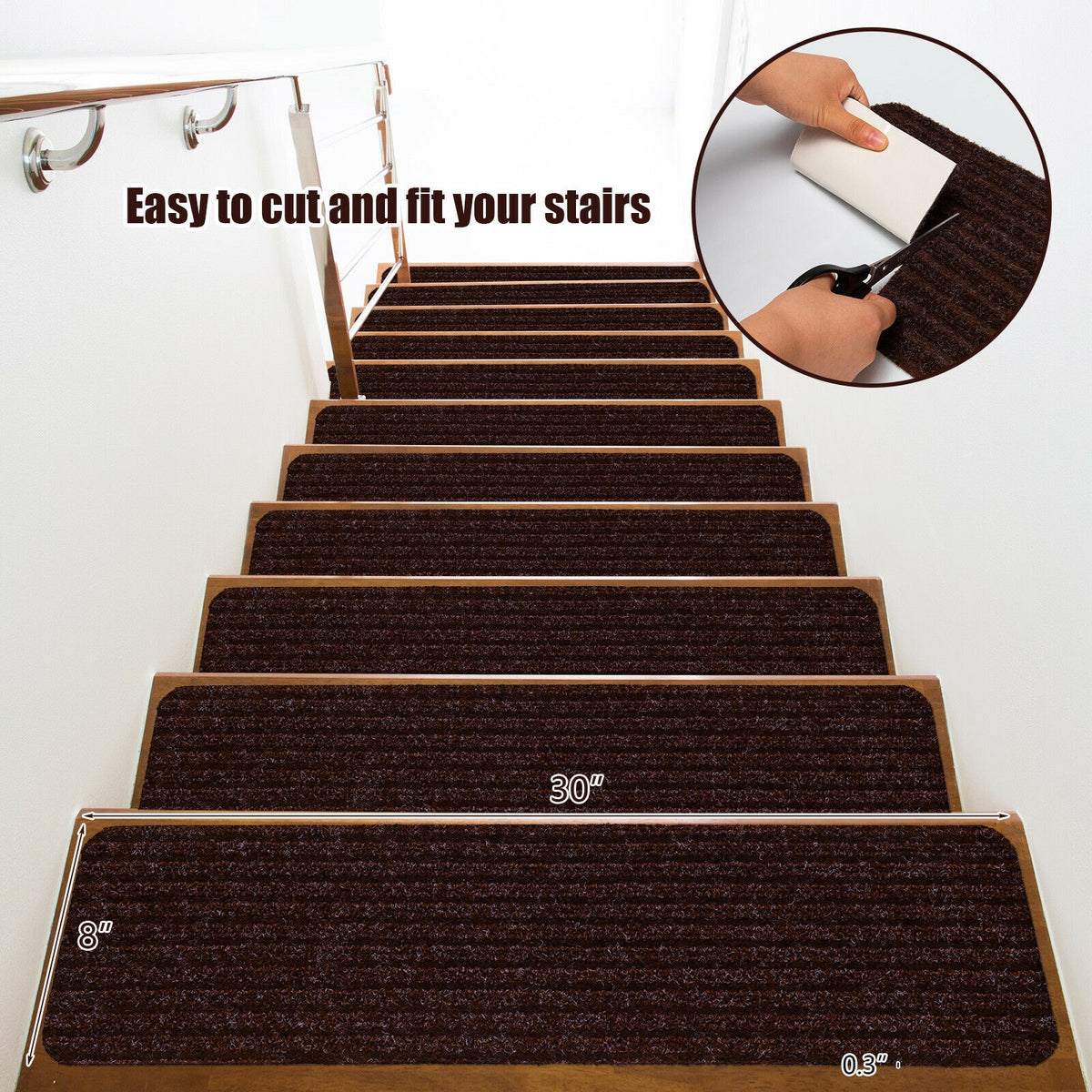 Brown Non-Slip Stair Treads Carpet Set - 15 Pieces, 30 x 8 Inch, Reusable & Waterproof