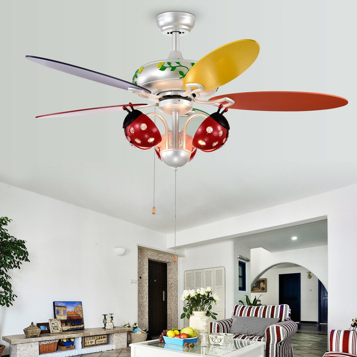 Kids Ceiling Fan with Be Beetle Lampshade, Colorful Blades & Reversible Motor