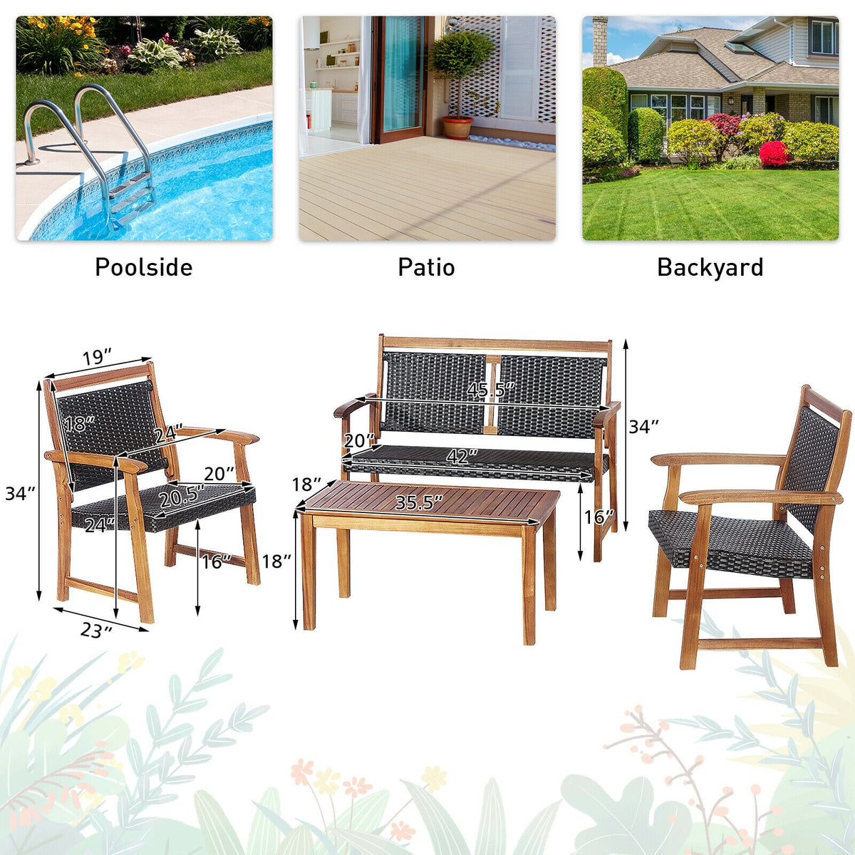 4 Pieces Outdoor Patio Rattan Furniture Sofa Set with Acacia Wood