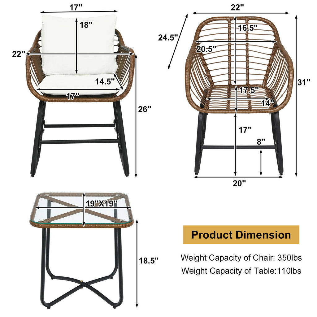 3 Pieces Patio Rattan Bistro Set with Cushions and Glass Table