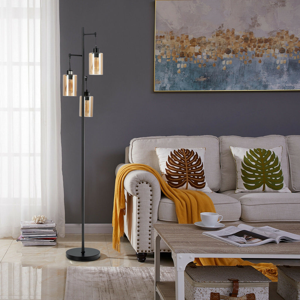Retro Floor Lamp with 3-Head Hanging Amber Glass Shade - Stable Iron Base, Foot Switch