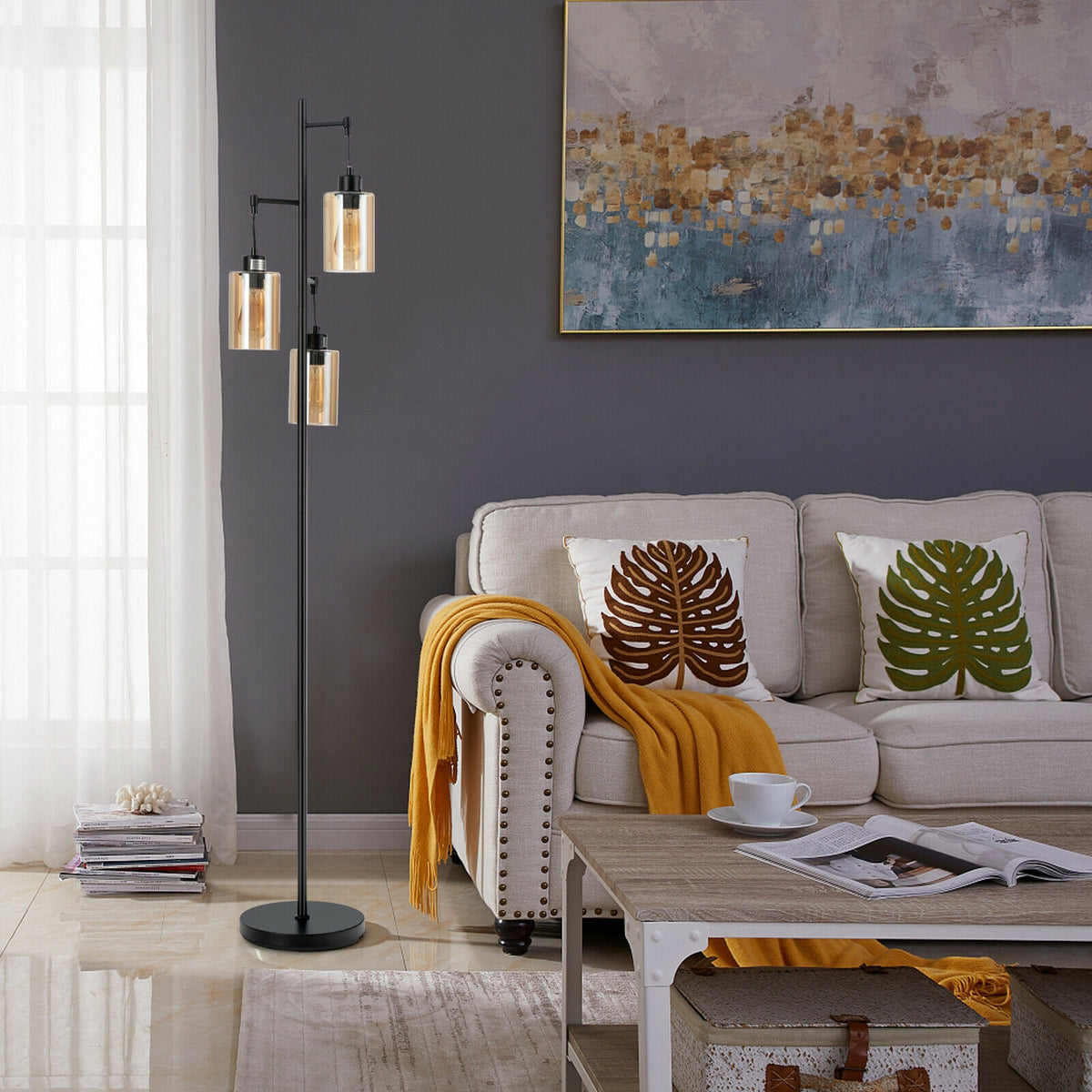 Retro Floor Lamp with 3-Head Hanging Amber Glass Shade - Stable Iron Base, Foot Switch