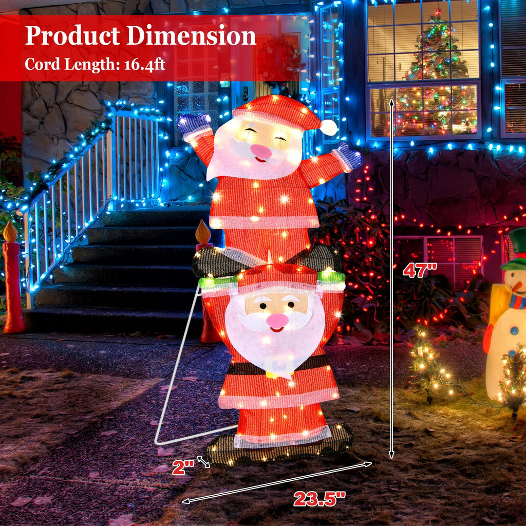 Metal Frame Double Santa LED Yard Decoration with String Lights & Stakes - Christmas Outdoor Decor