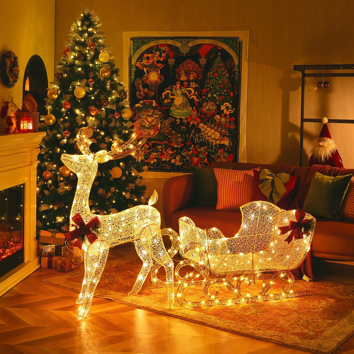 2-Piece Golden Lighted Christmas Reindeer & Santa's Sleigh Decoration Set with Stakes