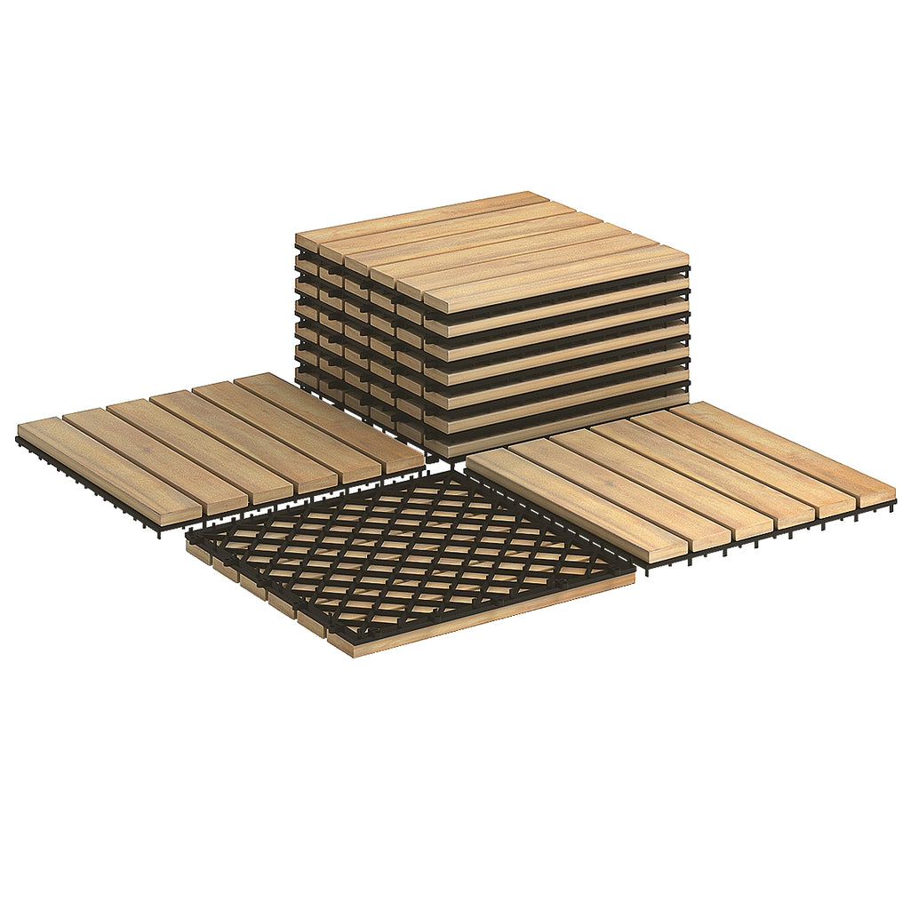 Interlocking Acacia Wood Floor Tiles - Stripe Pattern, 10 Pack, 12x12 Inch