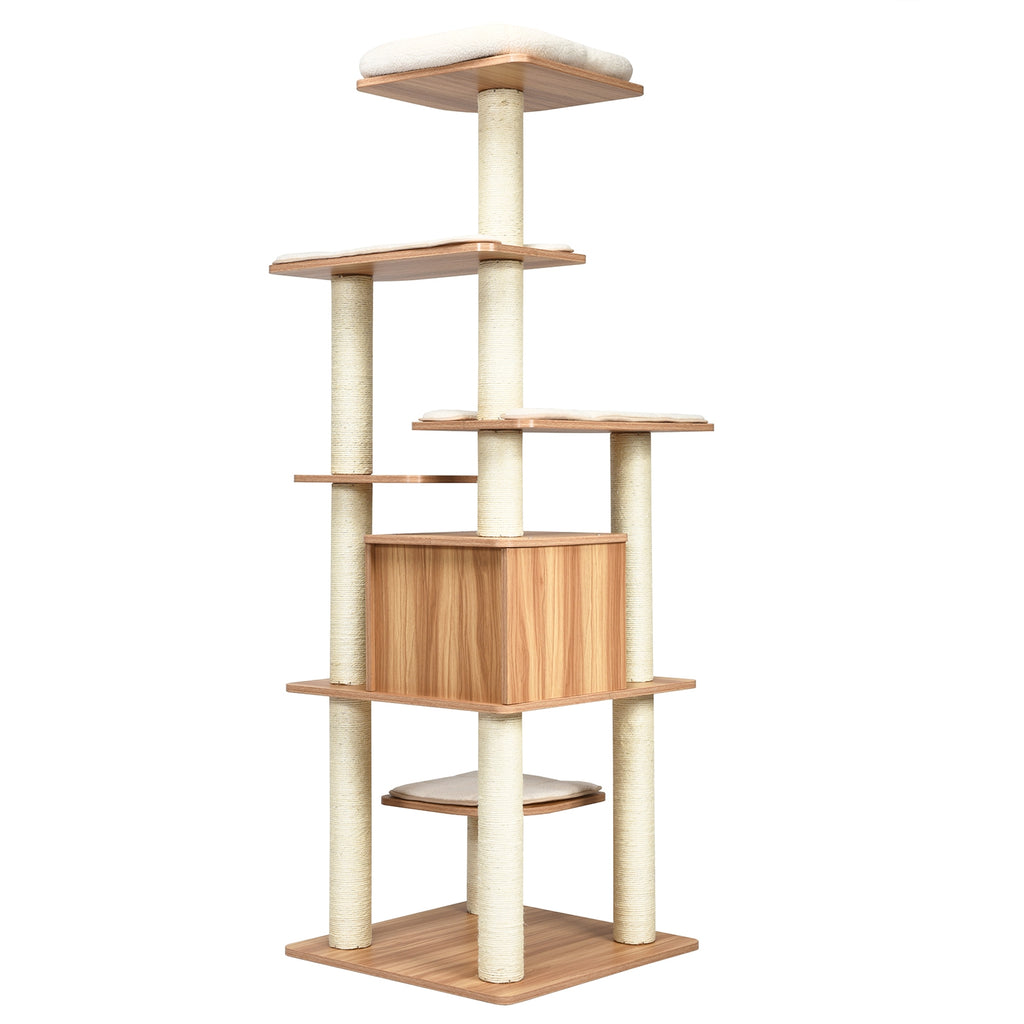 7-Layer Wooden Cat Tree Tower with Sisal Posts & Condo - Natural Finish