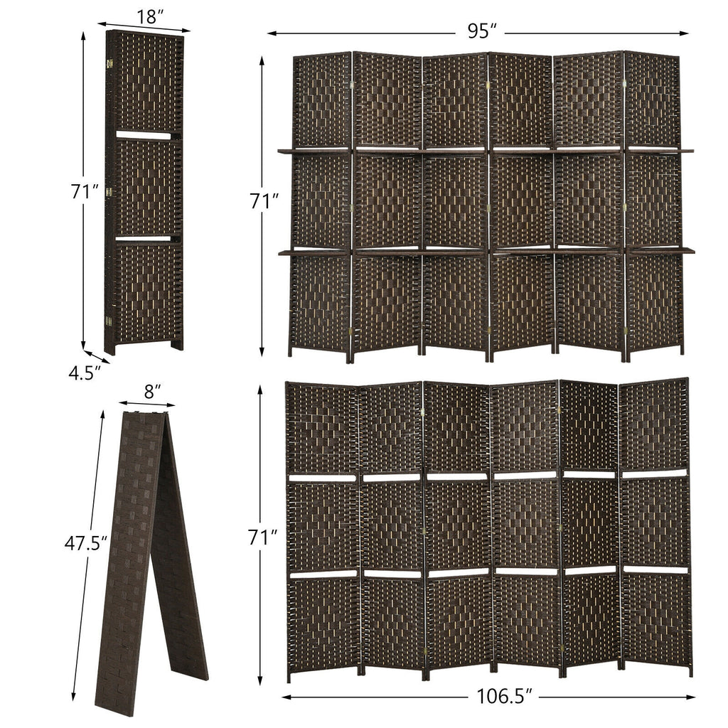 Brown 6-Panel Folding Fiber Room Divider with 2 Display Shelves - Natural Home Decor