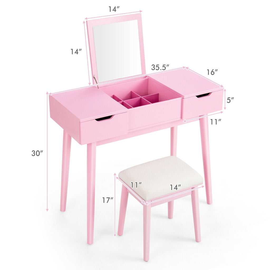 Makeup Vanity Table with Flip Top Mirror and 2 Drawers, Pink