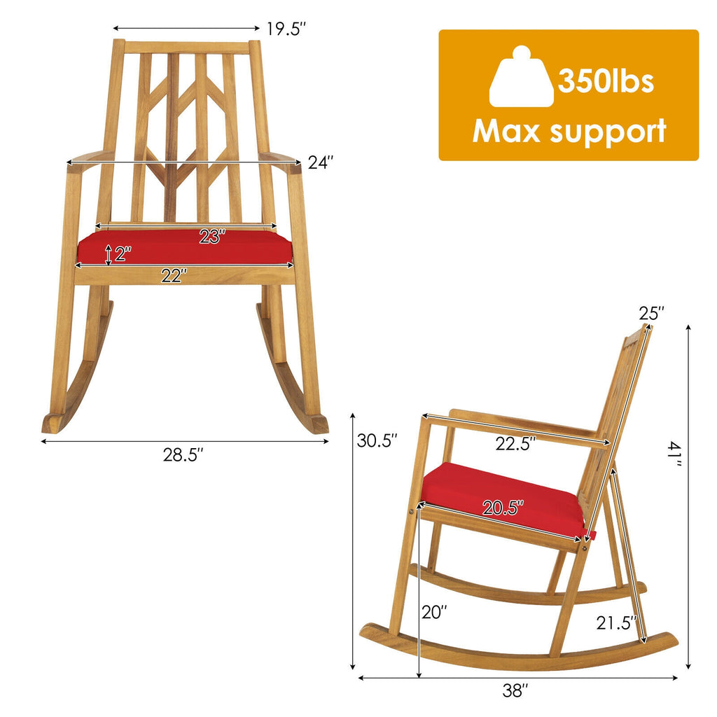 Patio Acacia Wood Rocking Chair Sofa with Armrest and Cushion for