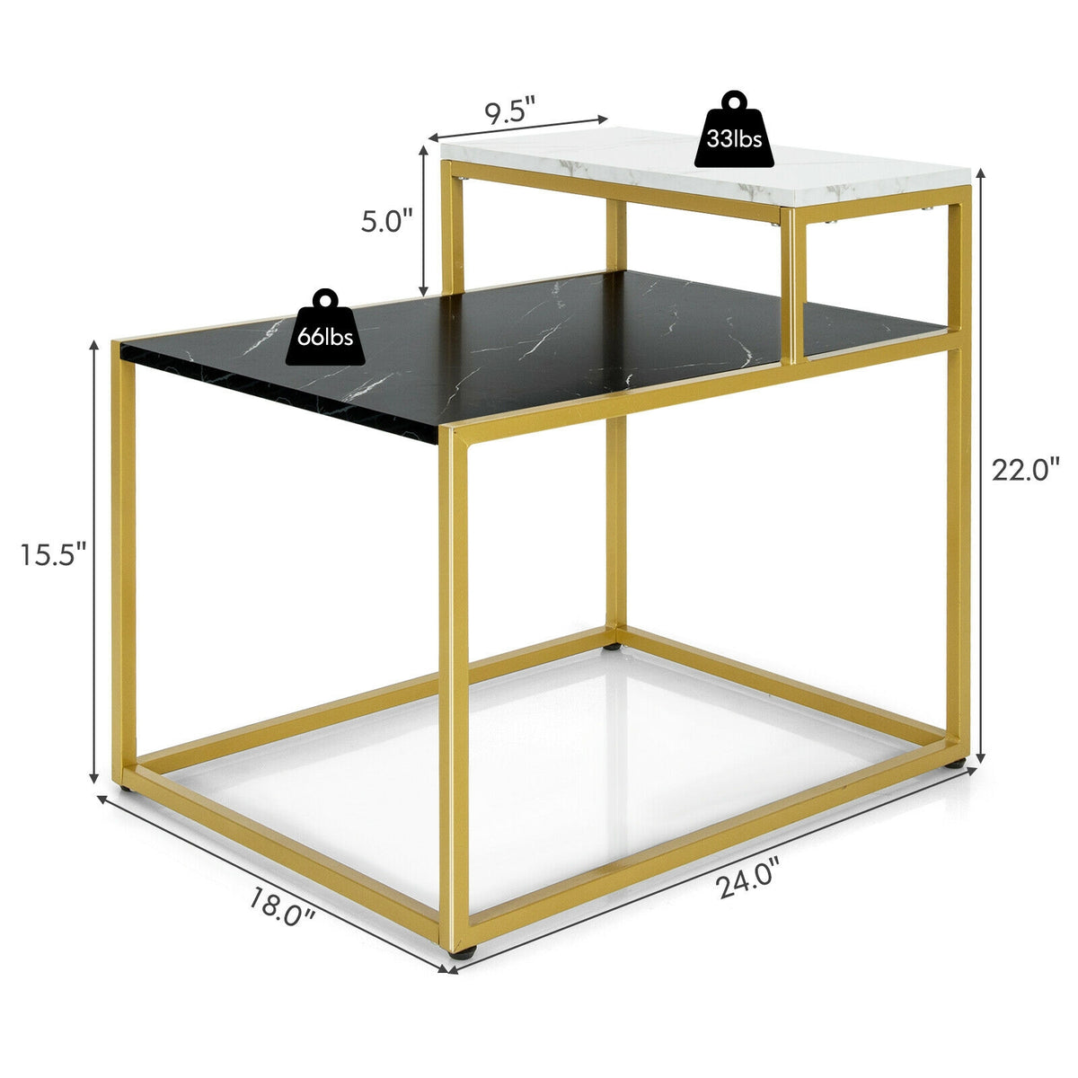 2-Tier Side Table with Marble Finish & Metal Frame – White