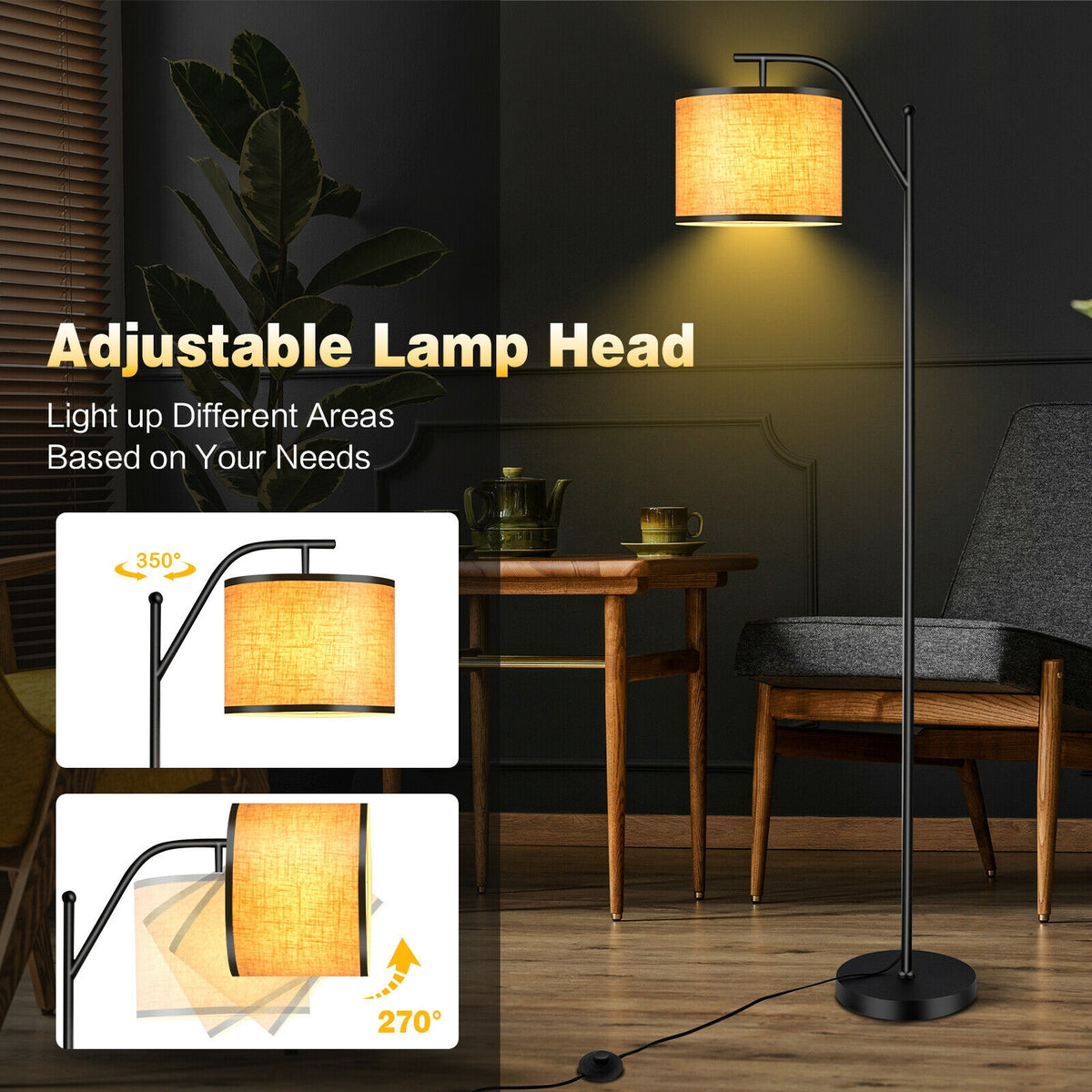 Standing Floor Lamp with Adjustable Head for Living Room & Bedroom - Modern Black & Beige