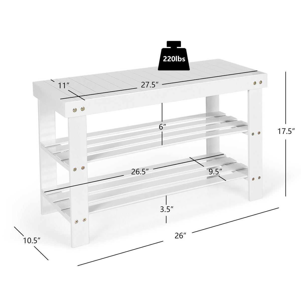 3-Tier Bamboo Shoe Rack Bench, White