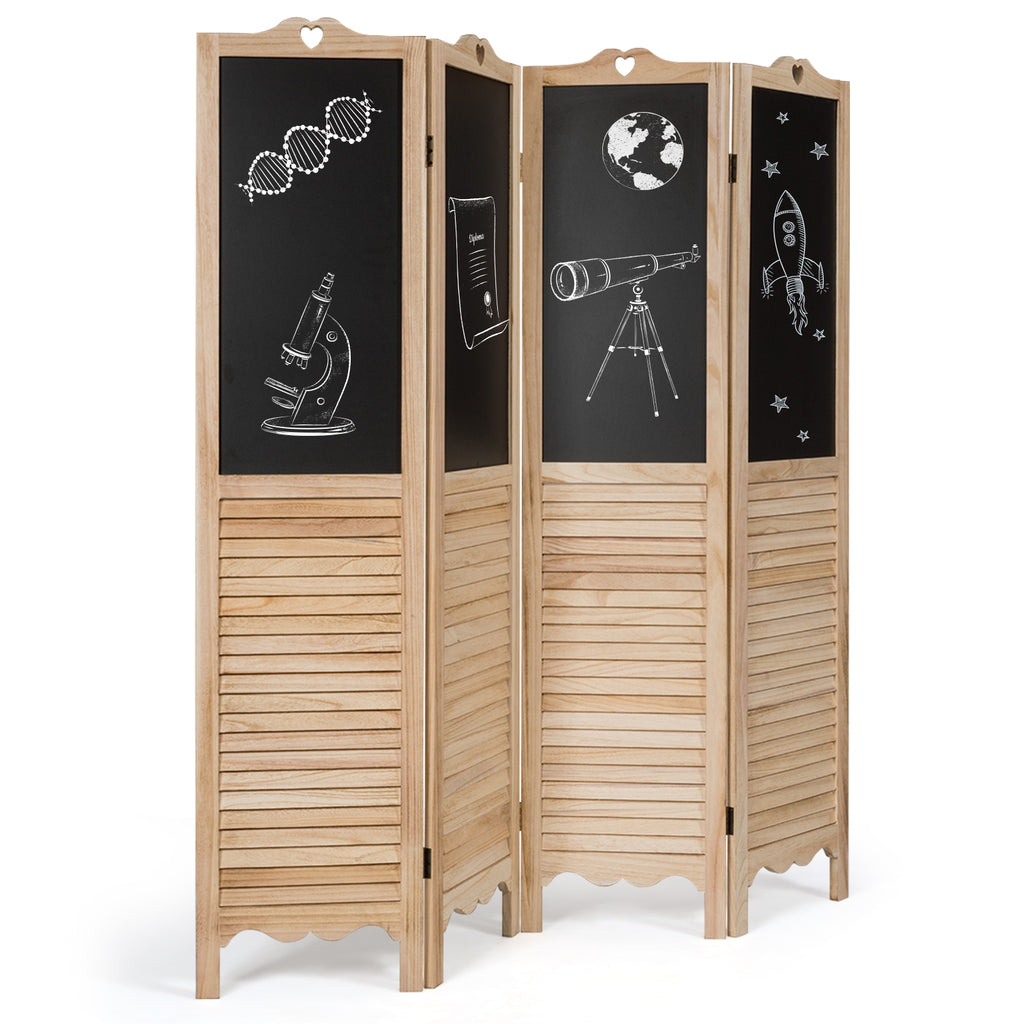 Foldable 4-Panel Room Divider with Chalkboards - Rustic Wood Partition Screen