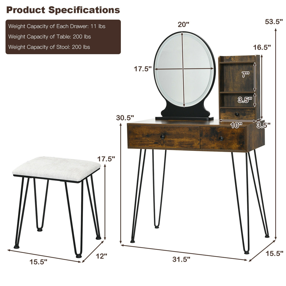 Vanity Table Set with Lighted Mirror and Cushion Stool - Brown