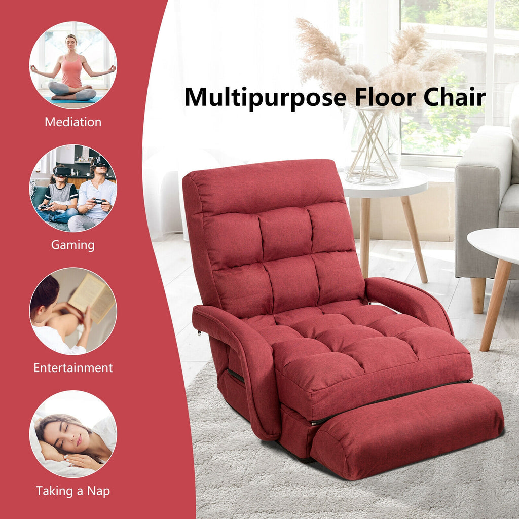 Folding Lazy Floor Chair with Armrests and Pillow - Red