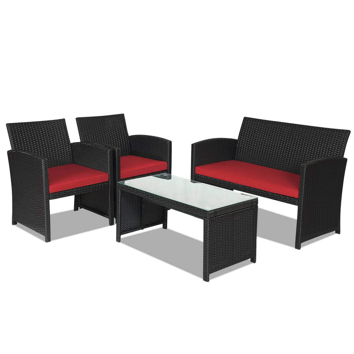4-Piece Rattan Patio Furniture Set with Cushions - Black Rattan, Red