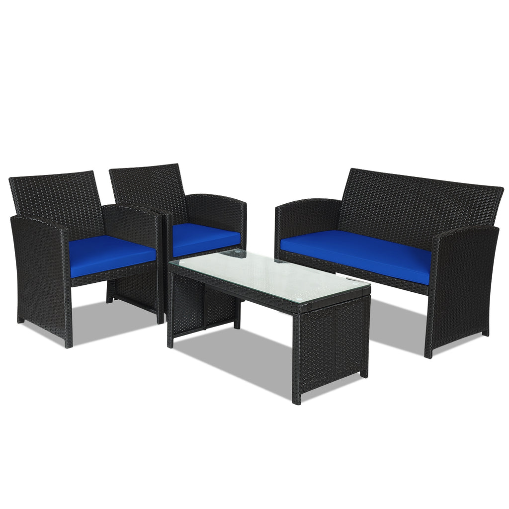 4-Piece Rattan Patio Furniture Set with Cushions - Black Rattan, Navy