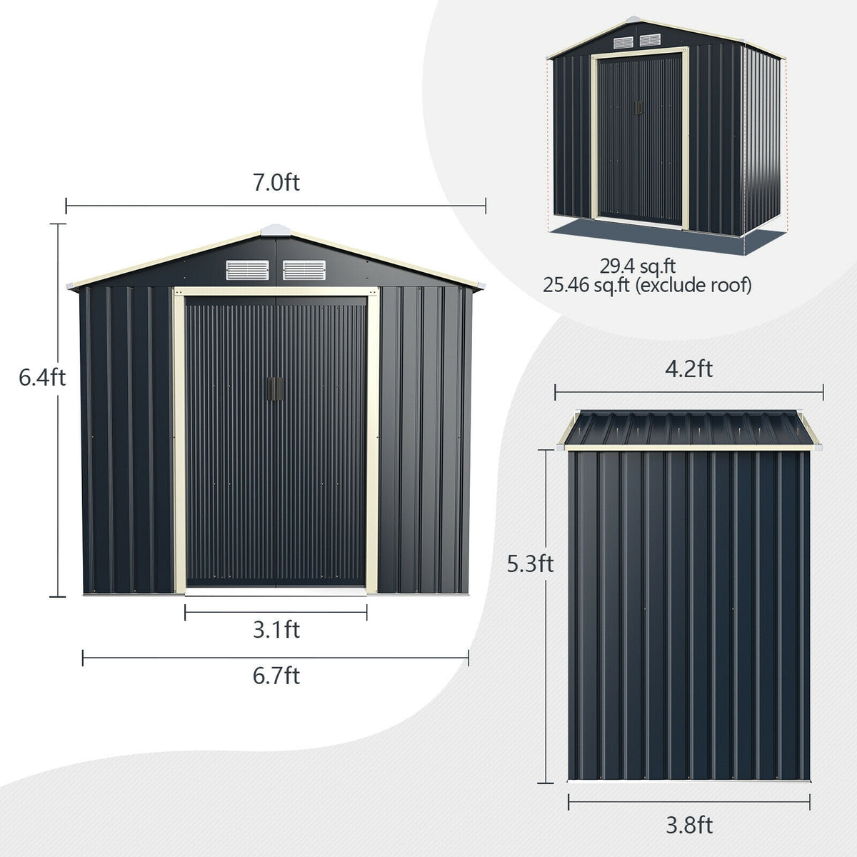 7 x 4 Feet Metal Storage Shed with Sliding Double Lockable Doors