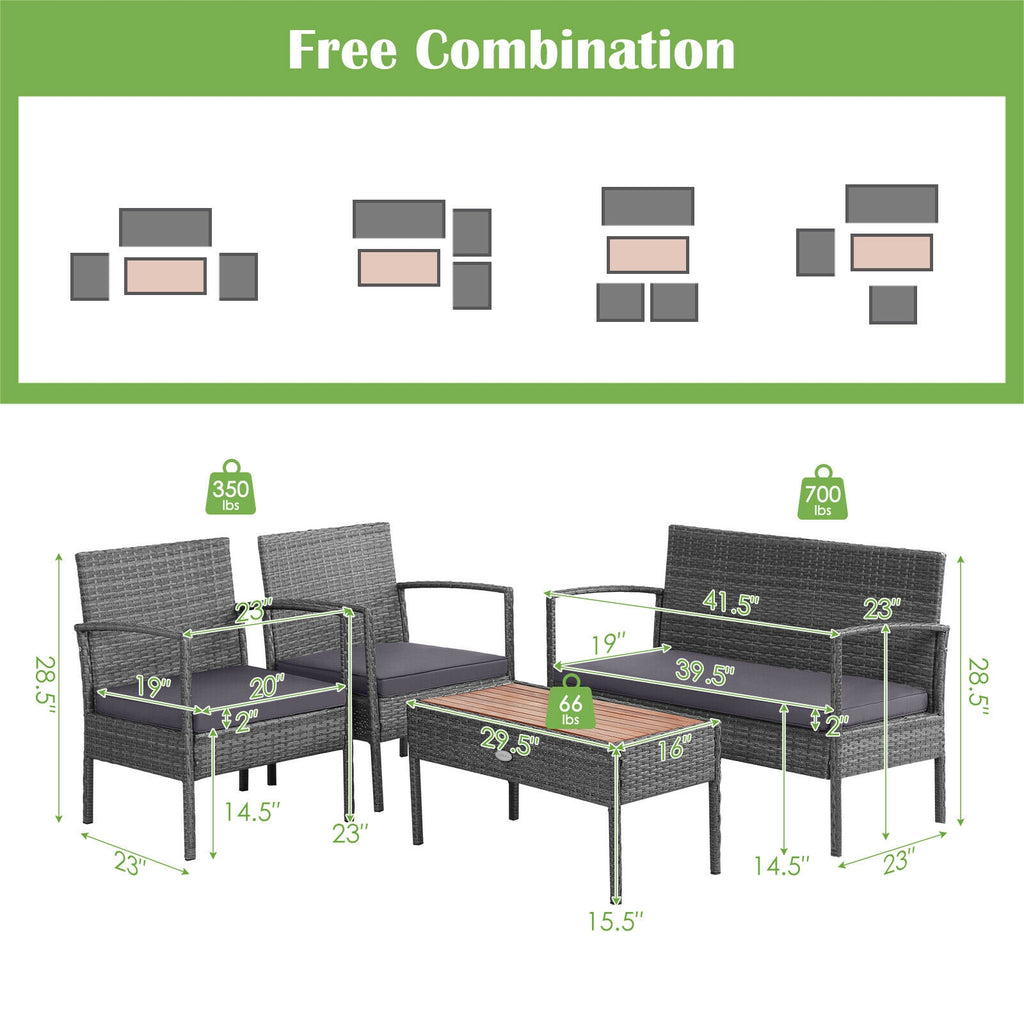 4-Piece Rattan Patio Conversation Set with Acacia Wood Table