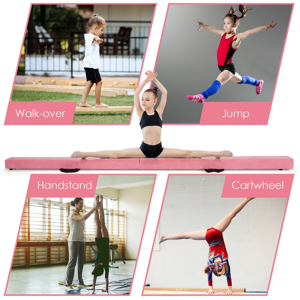 Portable Floor Balance Beam with Handles - 7 Feet Folding Gymnastics Beam, Pink