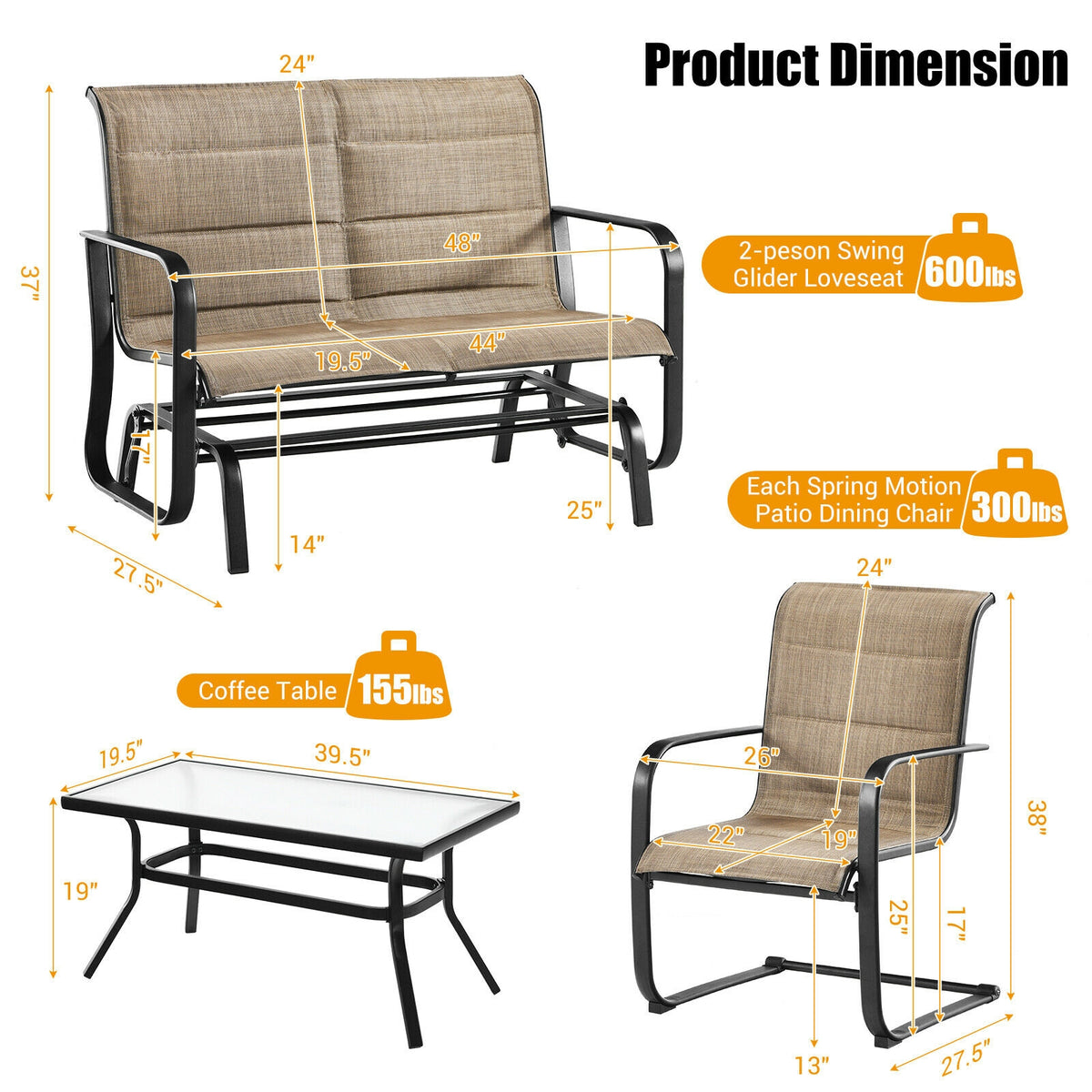 4 Pieces Outdoor Patio Furniture Set with Padded Glider Loveseat and
