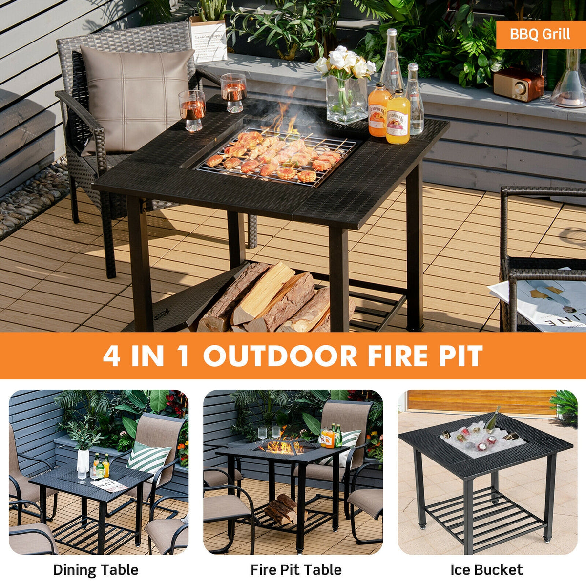 31-Inch Square Wood-Burning Fire Pit Dining Table