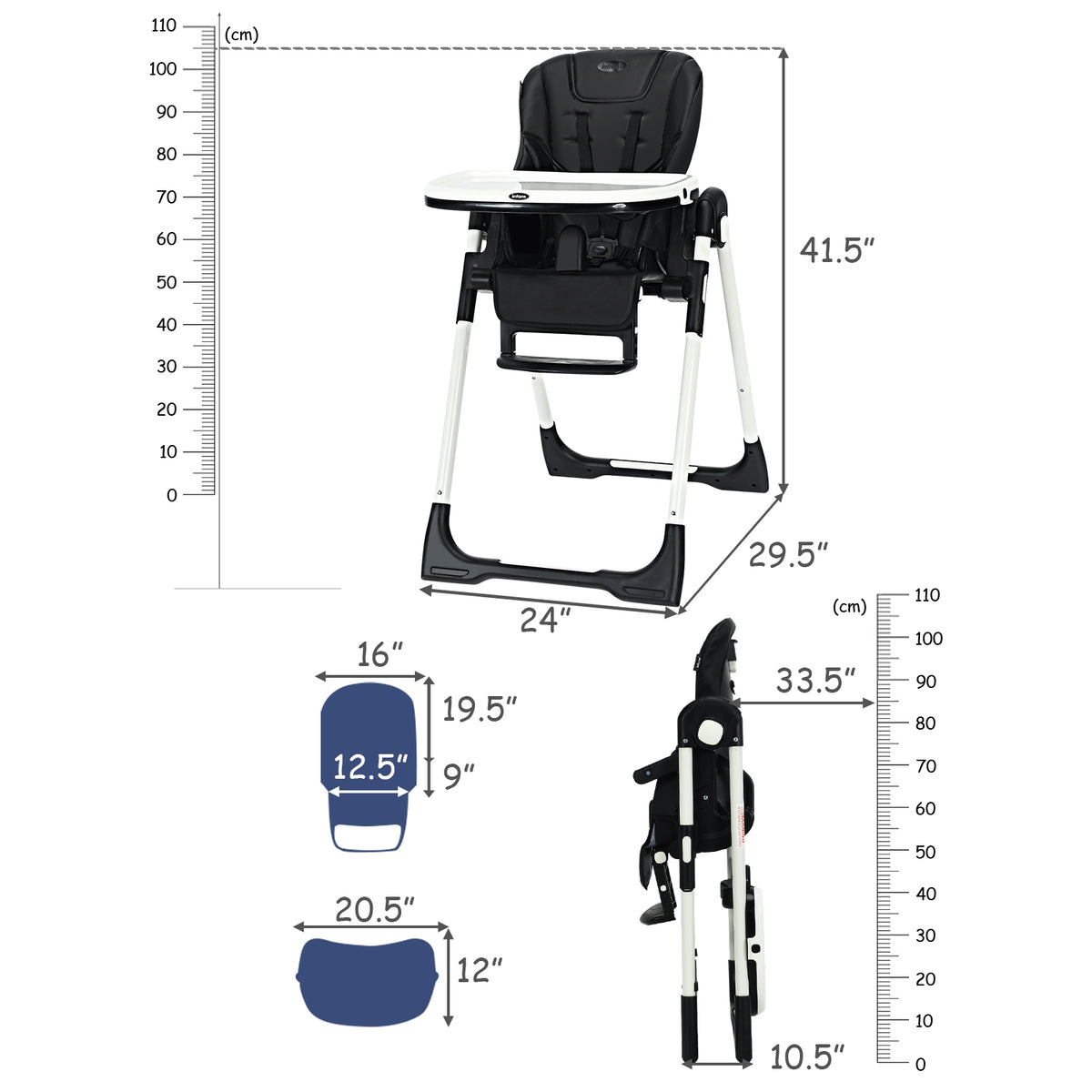 Foldable Baby High Chair with Adjustable Backrests & Safety Restraint - Black