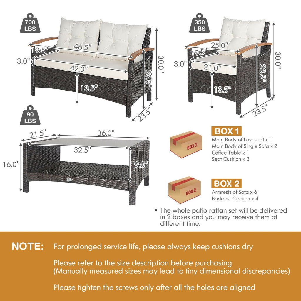 4 Pieces Patio Rattan Furniture Set with Cushioned Sofa and Storage