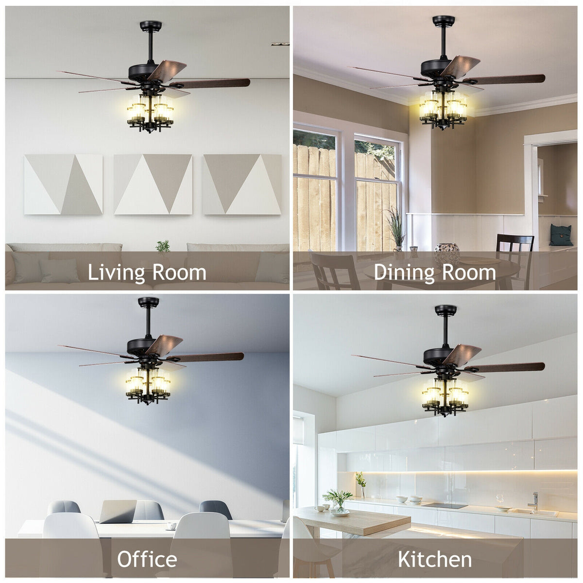 50 Inch Noiseless Ceiling Fan Light with Explosion-Proof Glass Shades - Black Variation