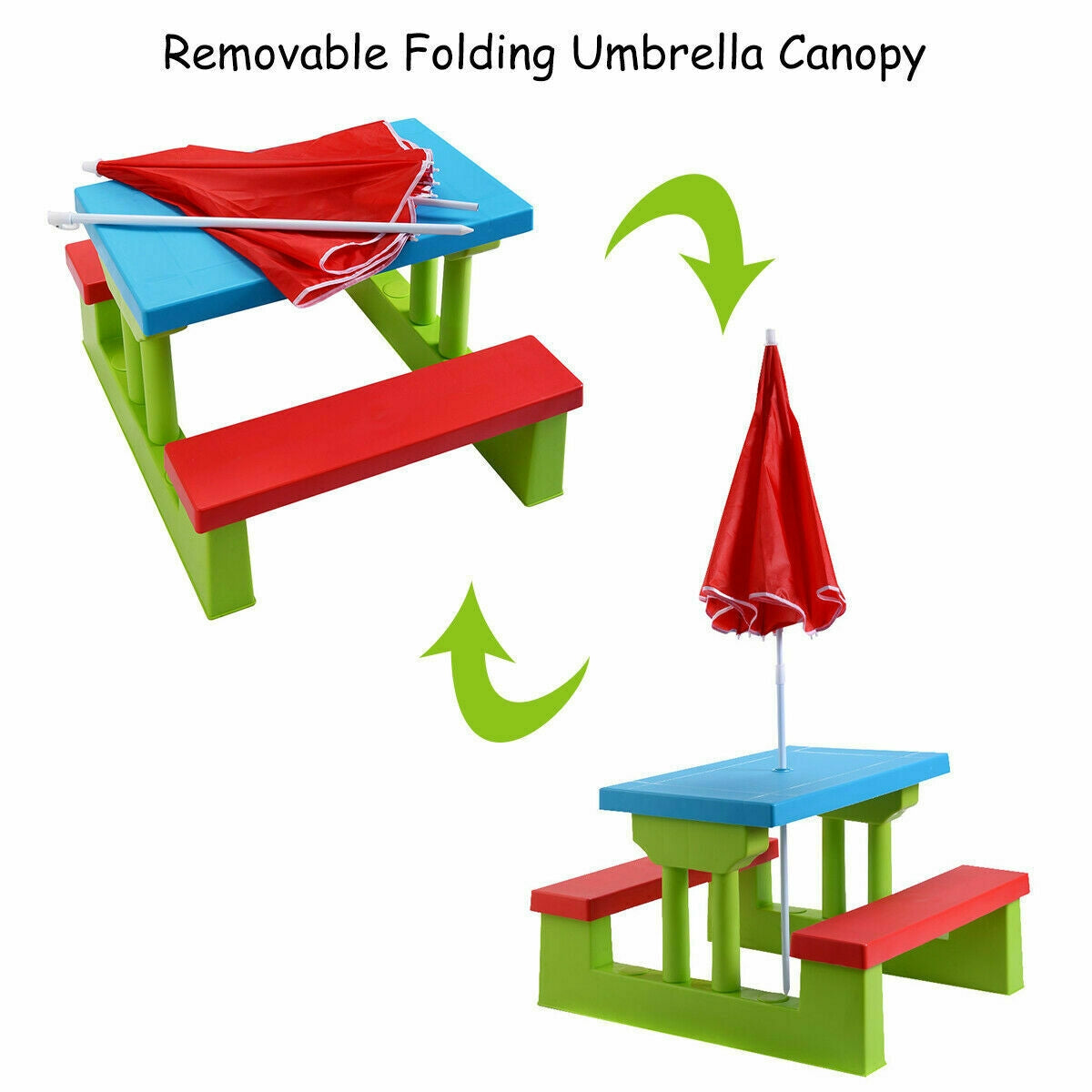Kids Picnic Folding Table and Bench Set with Green Umbrella - Safe & Sturdy Outdoor Play Furniture