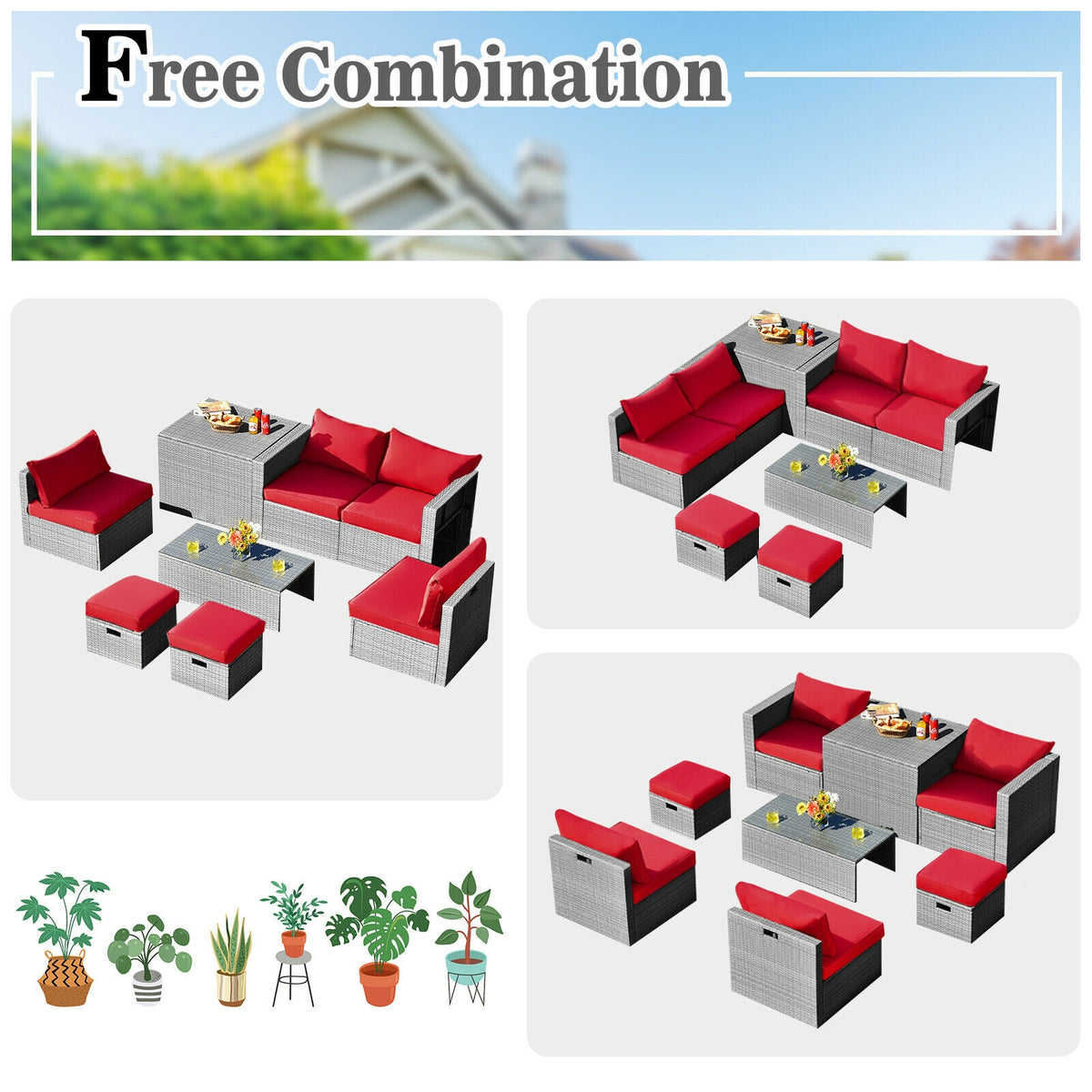 8-Piece Patio Rattan Furniture Set with Storage - Gray Rattan, Red
