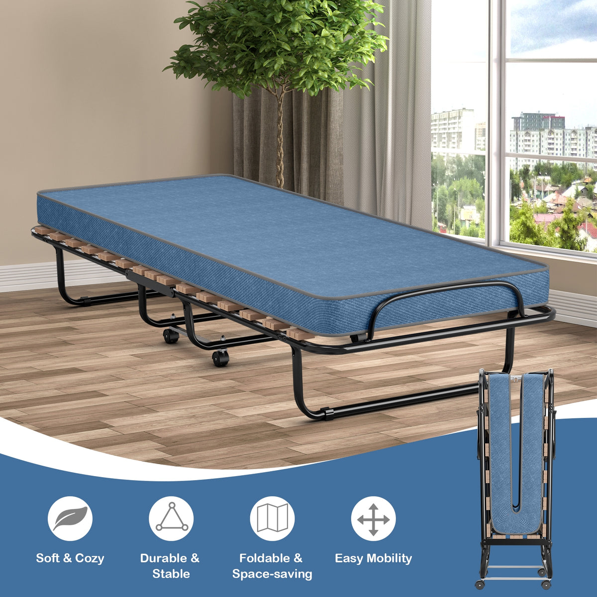 Portable Folding Bed with Memory Foam Mattress – Navy, 440lbs Capacity