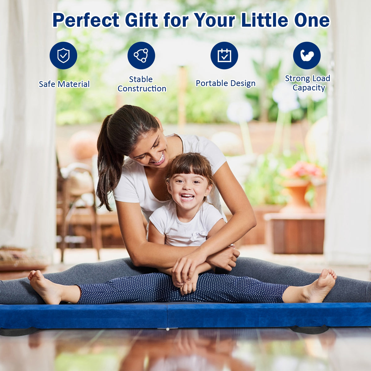 Portable Floor Balance Beam with Handles - 7 Feet Folding Gymnastics Beam Blue