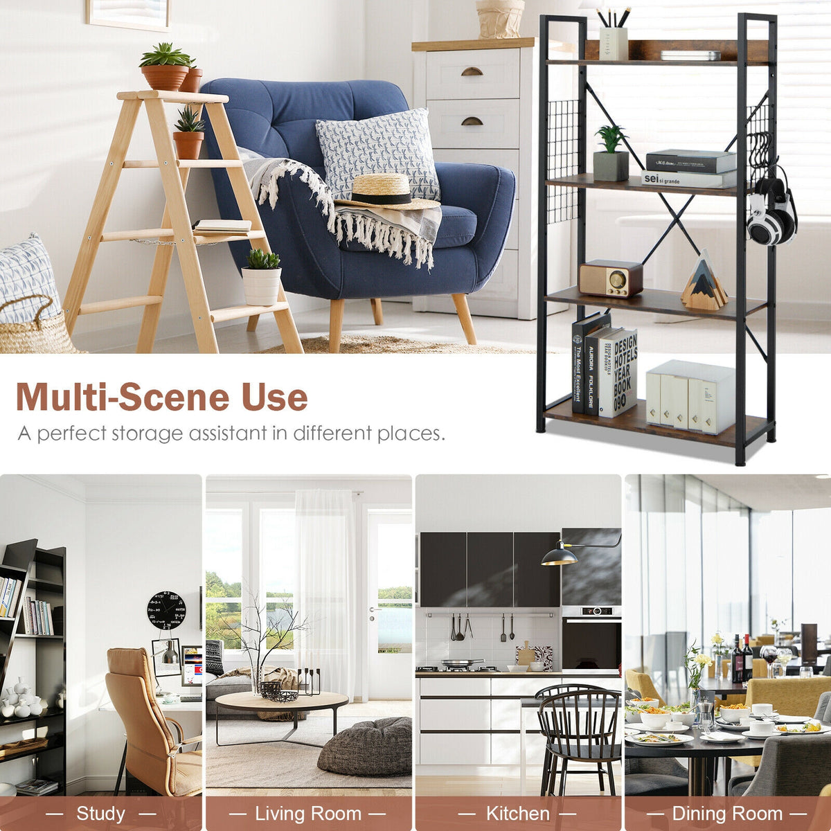4 -Tier Industrial Open Storage Bookshelf